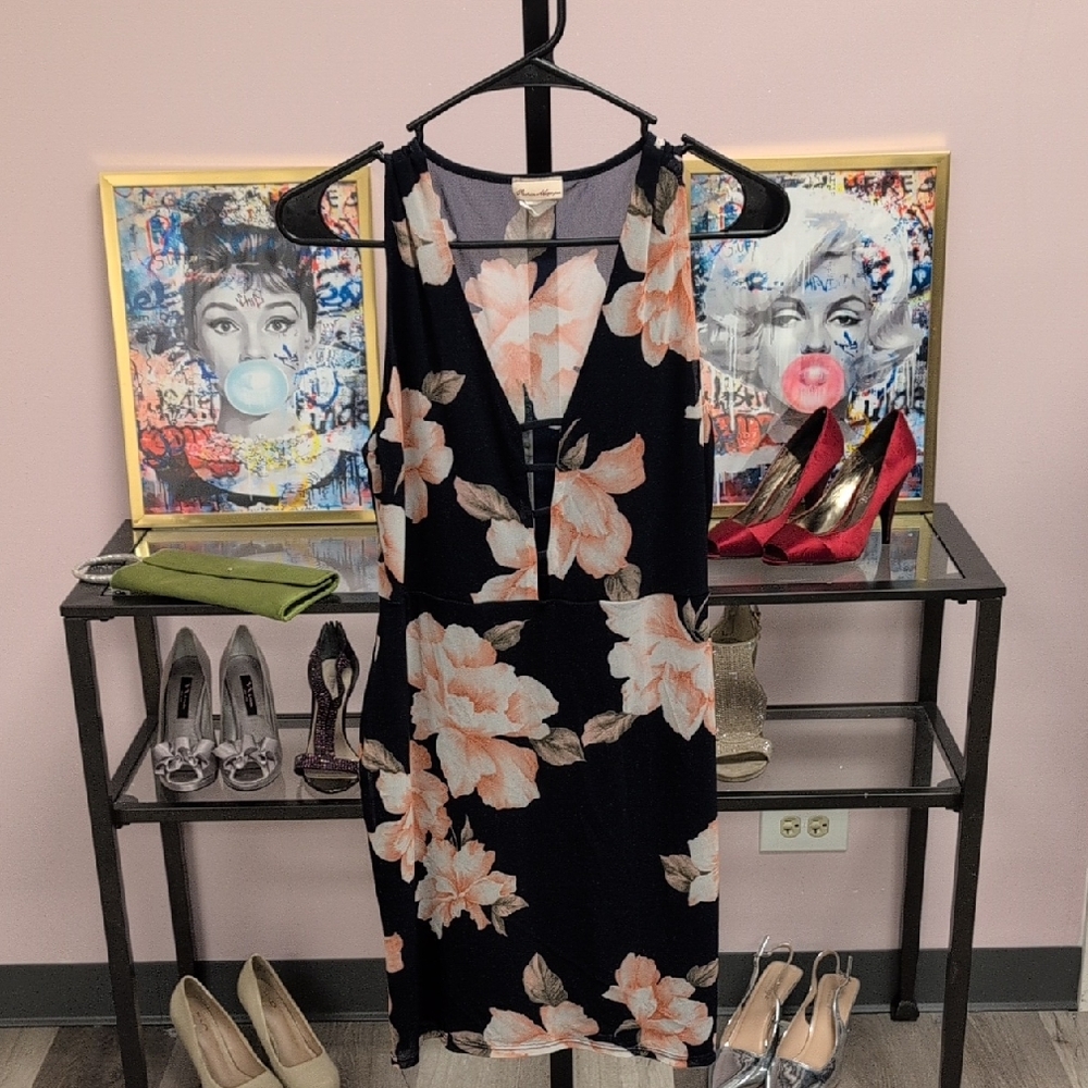 Fashion Magazine Navy and Peach Floral Dress With Cut Out